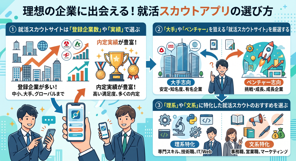 就活スカウトアプリの選び方3点・理想の企業に出会あうコツ