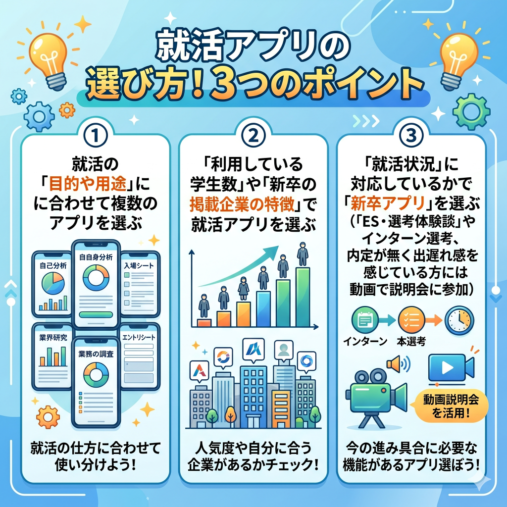 【27卒・28卒】就活アプリの選び方!3つのポイント
①目的や用途で複数選ぶ
②学生数や企業特徴で選ぶ
③今の学年と状況で選ぶ