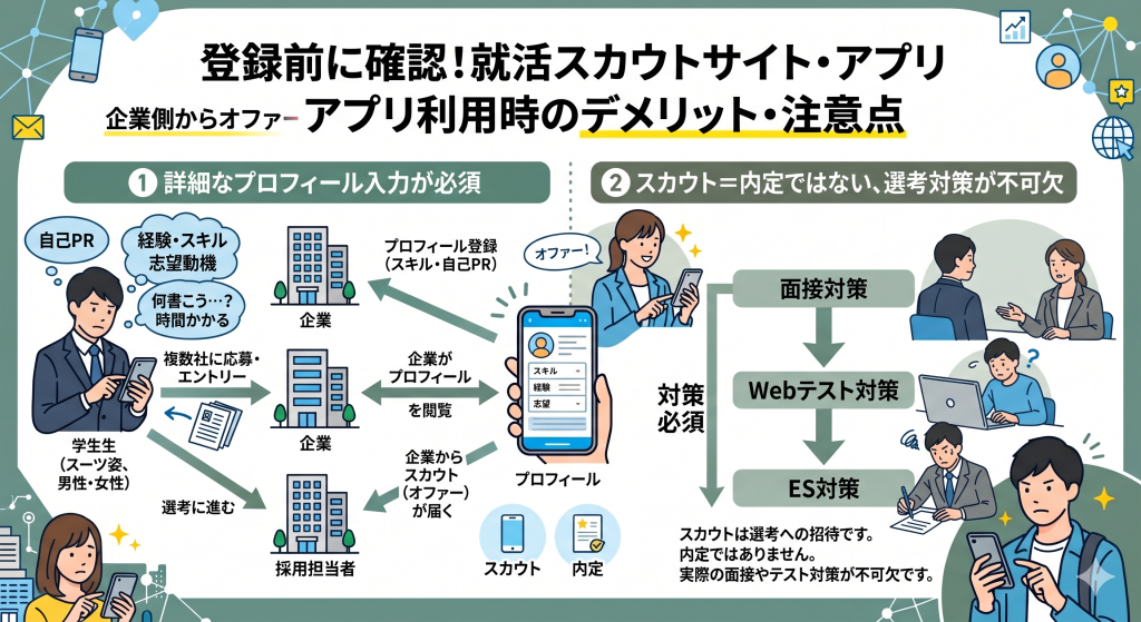 就活スカウトサイト・アプリ利用時のデメリット・注意点:登録前に確認!