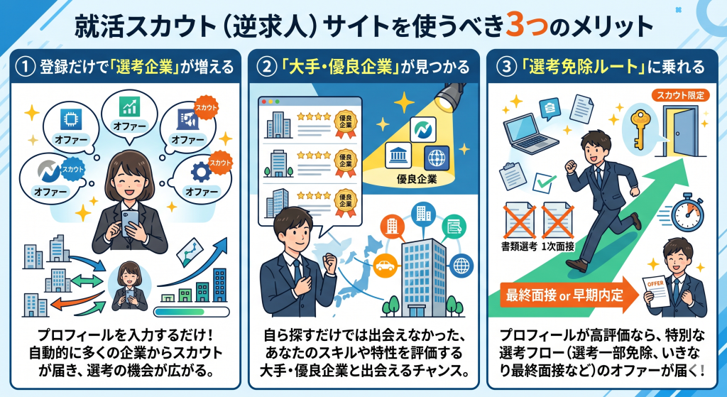 実際どう?就活でスカウト「逆求人サイト」を使うべき3つのメリット