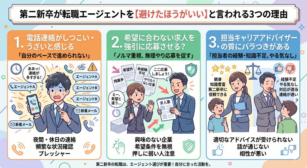 「第二新卒が転職エージェントは使わない方がいい」と言われる3つの理由
1. エージェントの電話連絡がしつこい・うざいと感じる「自分のペースで進められない」
2. 転職エージェントが希望に合わない求人を強引に応募させる？
3. 転職エージェントの担当キャリアアドバイザーの質にバラつきがある