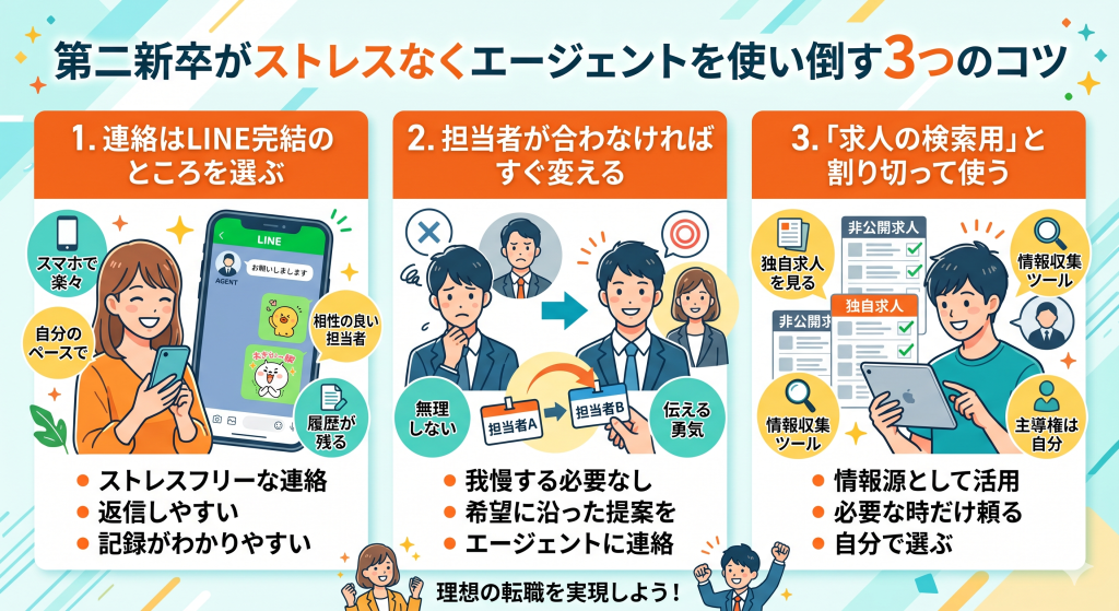 第二新卒がストレスなくエージェントを使い倒す3つのコツ
・連絡はLINE完結のところを選ぶ
・担当者が合わなければすぐ変える
・「求人の検索用」と割り切って使う
