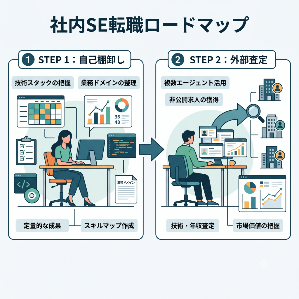 社内SEの市場価値と転職成功へのロードマップ
ステップ1：現職の「技術スタック」と「業務ドメイン」の定量的な棚卸し
ステップ2：複数エージェントの「非公開求人」の技術・年収査定を行う