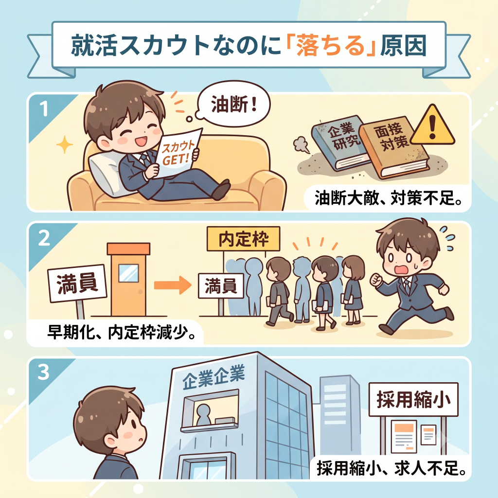 就活スカウトなのに「落ちる」原因と対策
①スカウトで油断し「企業研究」や「面接対策」を怠り落ちる
②就活早期化！「内定枠」が埋まり落ちる
③【求人減少】主要企業の23％採用縮小！※1求人枠が少なく落ちる
