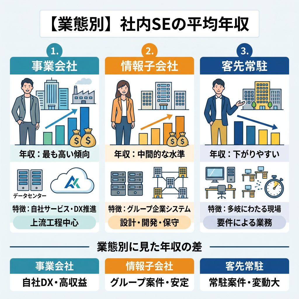【業態別】社内SEの平均年収｜事業会社・情報子会社・客先常駐