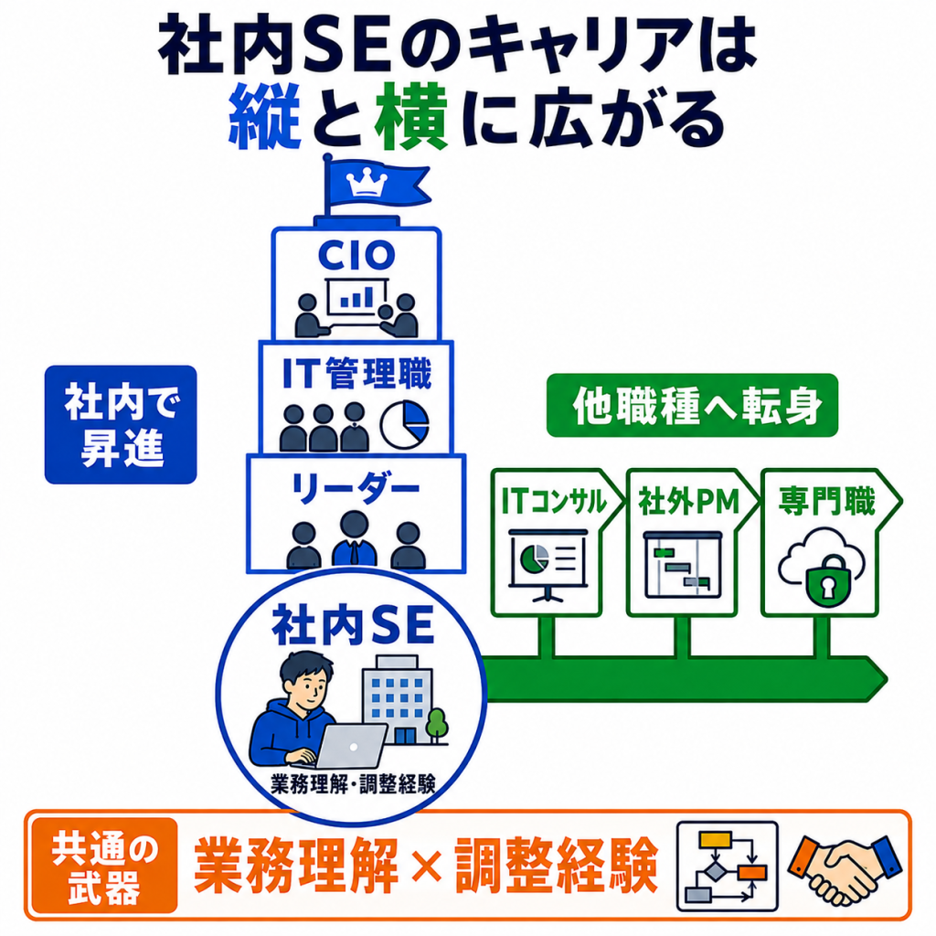 社内SEのキャリアパスの種類:方向
縦=昇進してIT管理職・CIOへ
横=ITコンサルや社外PMへ転身
武器は業務理解と調整の経験