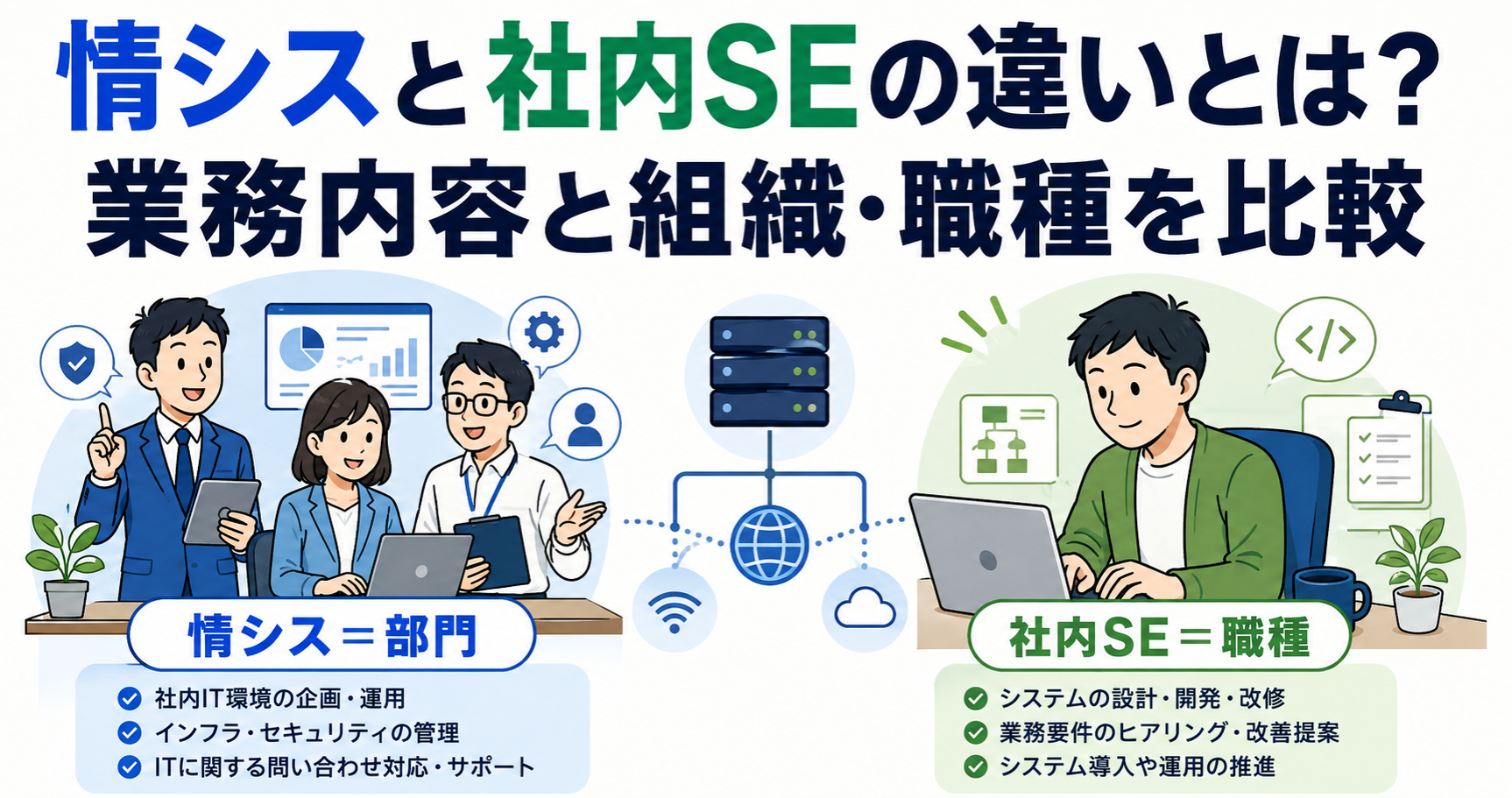 情シスと社内SEの違いとは？業務内容と組織・職種を比較