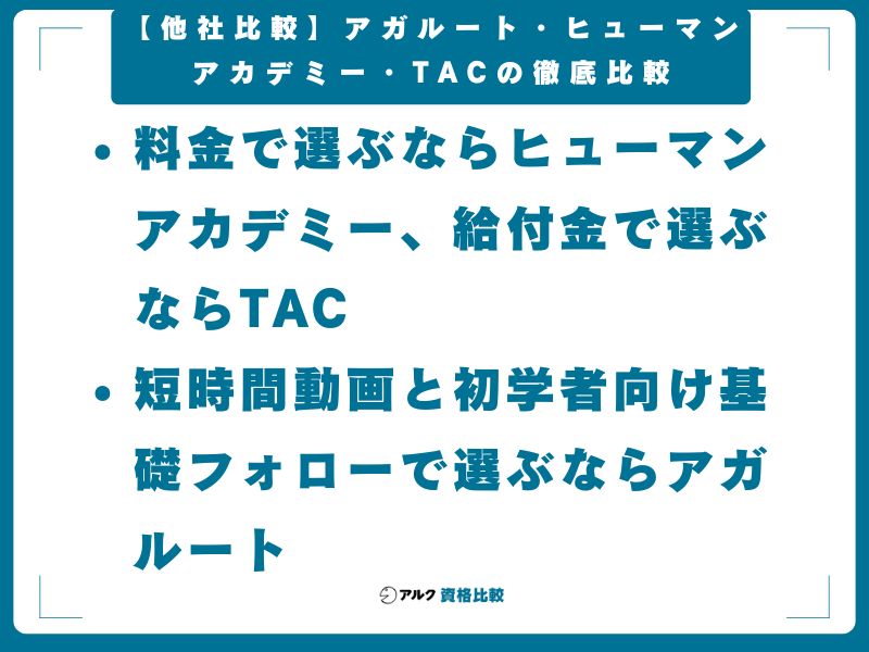 【他社比較】アガルート・ヒューマンアカデミー・TACの徹底比較