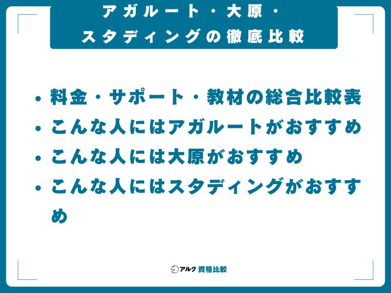 アガルート・大原・スタディングの徹底比較
