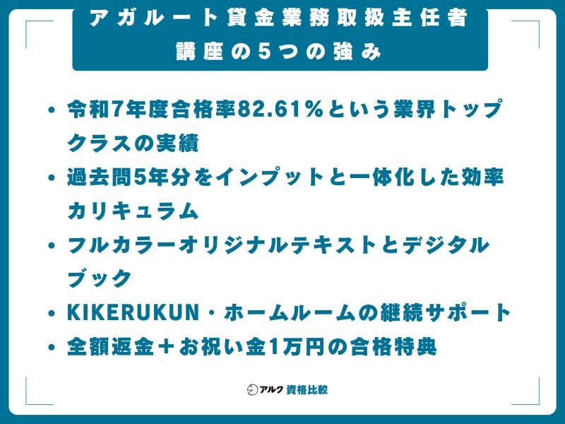 アガルート貸金業務取扱主任者講座の5つの強み