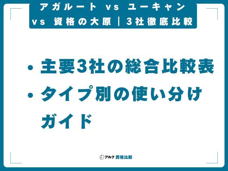 アガルート vs ユーキャン vs 資格の大原｜3社徹底比較