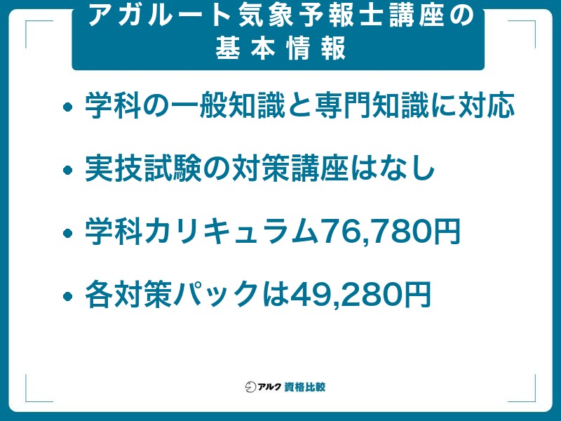 アガルート気象予報士講座の基本情報。学科の一般知識と専門知識に対応し実技試験の対策講座はなし、学科試験対策カリキュラム76,780円・各対策パック49,280円