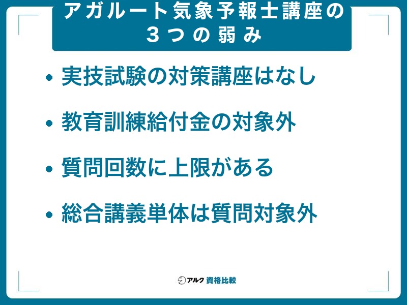 アガルート気象予報士講座の3つの弱み。実技試験の対策講座はなし、教育訓練給付金の対象外、質問回数に上限があり総合講義単体は質問の対象外