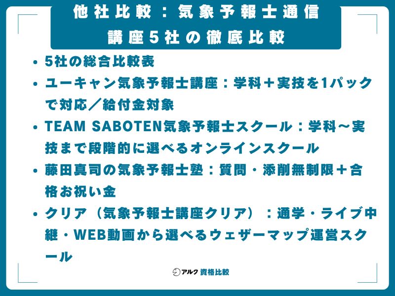 他社比較：気象予報士通信講座5社の徹底比較