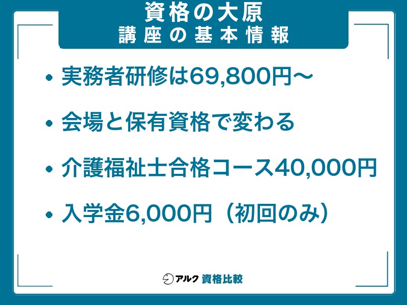 資格の大原 介護福祉士講座の基本情報 実務者研修は69,800円〜、介護福祉士合格コース40,000円、入学金6,000円