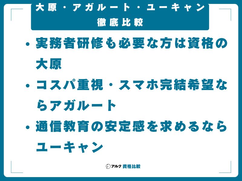 大原・アガルート・ユーキャン徹底比較