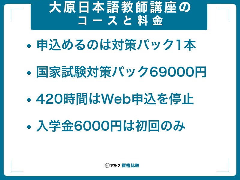 大原 日本語教師講座のコースと料金:申し込めるのは国家試験対策パック69,000円の1本で、420時間総合コースはWebからの申込を停止