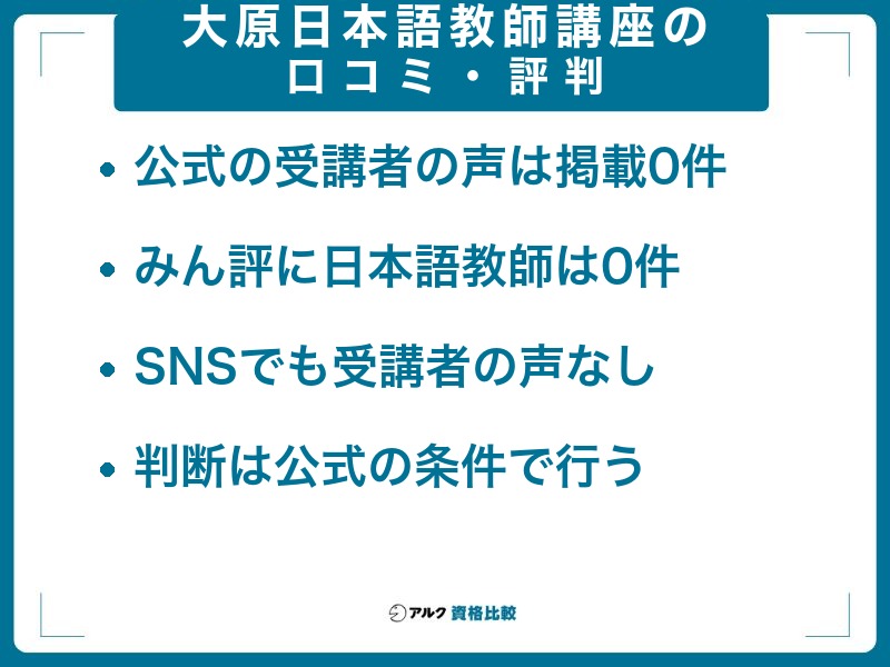 大原 日本語教師講座の口コミ・評判:公式の受講者の声は掲載0件、みん評にも日本語教師の投稿は0件