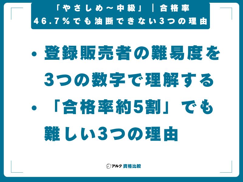【結論】登録販売者の難易度は「やさしめ〜中級」｜合格率46.7%でも油断できない3つの理由