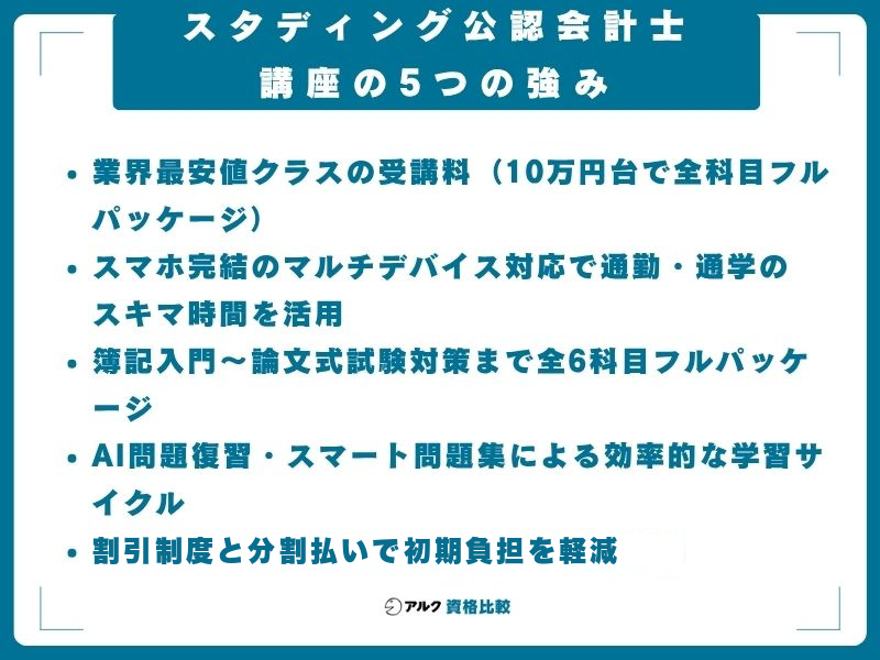 スタディング公認会計士講座の5つの強み|業界最安値・スマホ完結・全6科目フルカバー