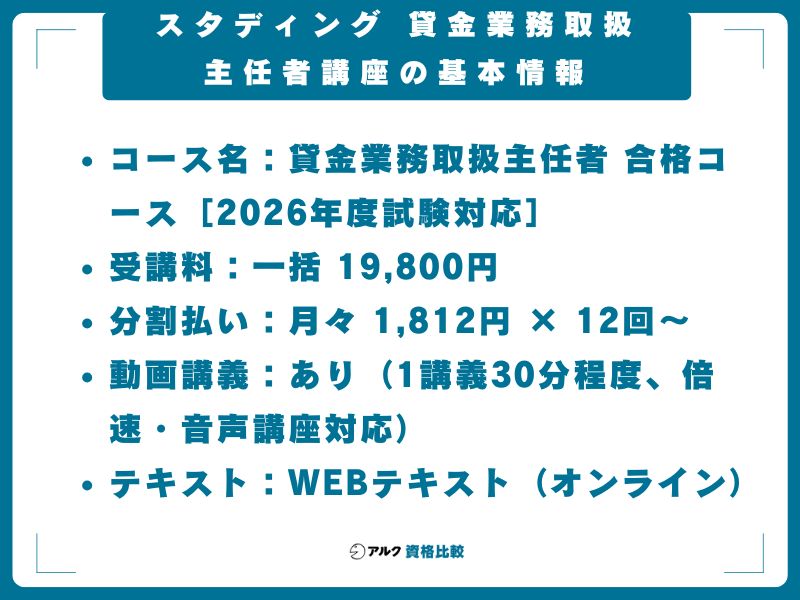 スタディング 貸金業務取扱主任者講座の基本情報