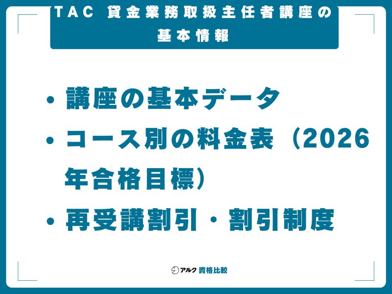 TAC 貸金業務取扱主任者講座の基本情報