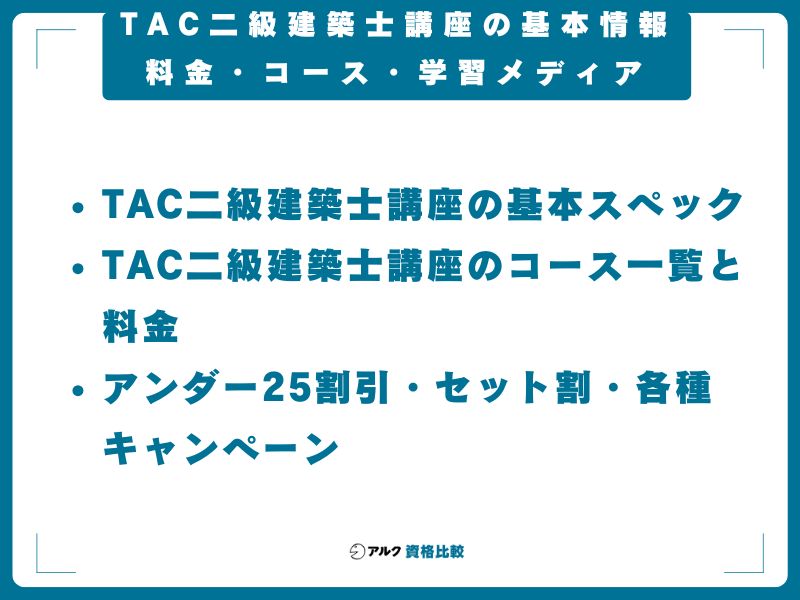 TAC二級建築士講座の基本情報｜料金・コース・学習メディア