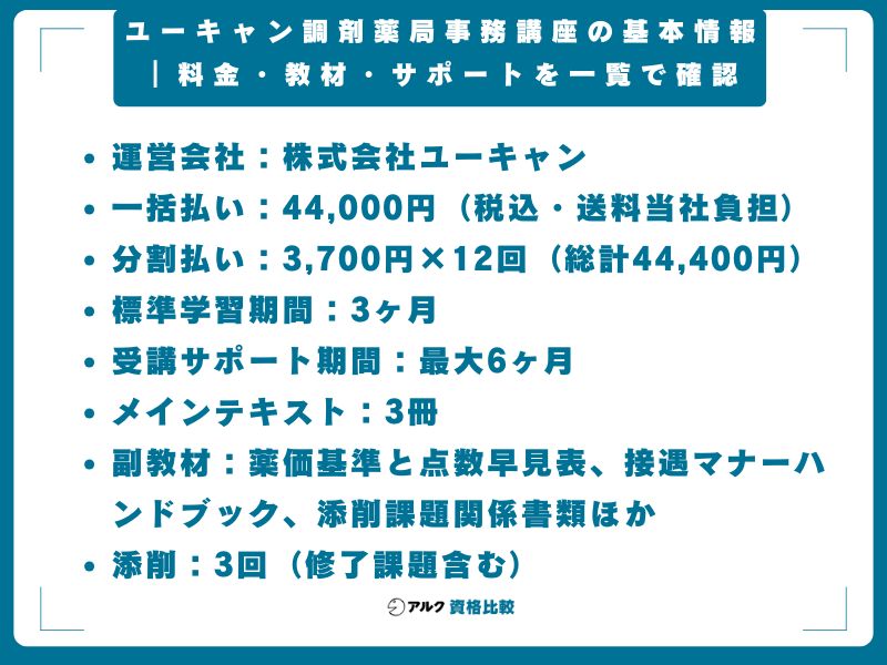 ユーキャン調剤薬局事務講座の基本情報|料金・教材・サポートを一覧で確認