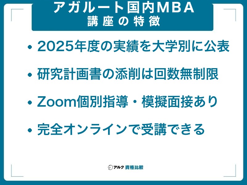 アガルート国内MBA講座の特徴：2025年度の実績を大学別に公表・研究計画書の添削は回数無制限・Zoom個別指導と模擬面接・完全オンラインで受講できる