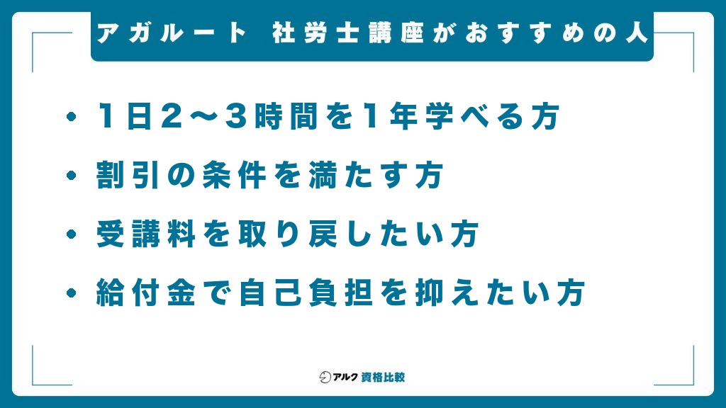 アガルートの社労士講座がおすすめの人。1日2〜3時間を1年学べる方、割引の条件を満たす方、受講料を取り戻したい方、給付金で自己負担を抑えたい方
