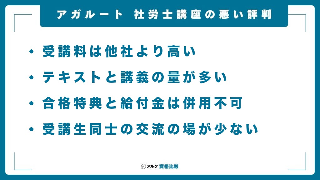 アガルートの社労士講座の悪い評判。受講料は他社より高い、テキストと講義の量が多い、合格特典と給付金は併用不可、受講生同士の交流の場が少ない