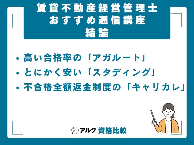 【結論】賃貸不動産経営管理士の通信講座は「アガルート」が最もおすすめ