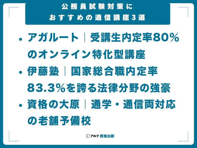 公務員試験対策におすすめの通信講座3選（アガルートは受講生内定率80％、伊藤塾は国家総合職内定率83.3％、資格の大原は通学・通信両対応）