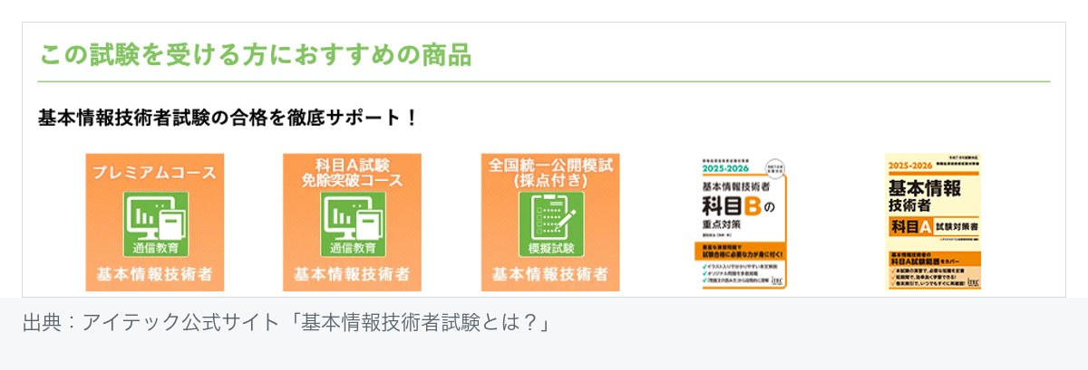 アイテックの基本情報技術者向け商品。プレミアムコース、科目A試験免除突破コース、全国統一公開模試、科目Bの重点対策、科目A試験対策書の5点