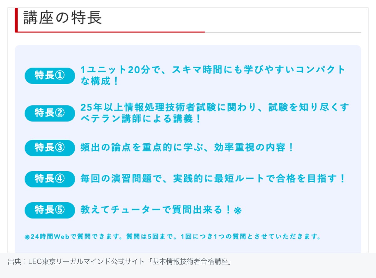LEC基本情報技術者合格講座の特長5点。1ユニット20分のコンパクトな構成、25年以上情報処理技術者試験に関わる講師の講義、教えてチューターで質問5回まで