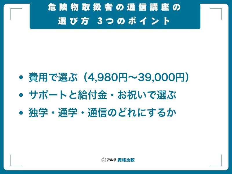 危険物取扱者の通信講座の選び方3つのポイント。費用で選ぶ(4,980円〜39,000円)、サポートと給付金・合格お祝いで選ぶ、独学・通学・通信のどれにするか