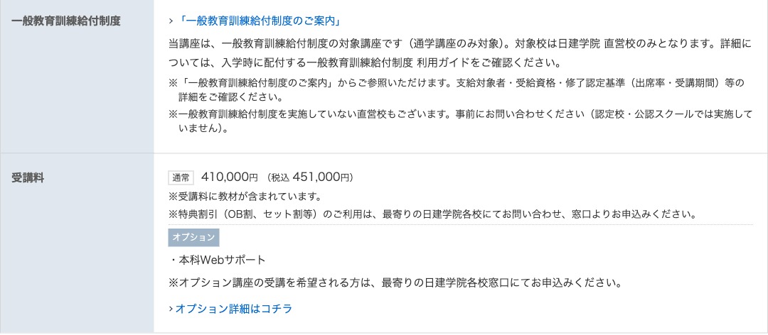 日建学院の土地家屋調査士本科コースのページ。一般教育訓練給付制度は通学講座のみ対象・対象校は直営校のみと記載があり、受講料は通常410,000円（税込451,000円）