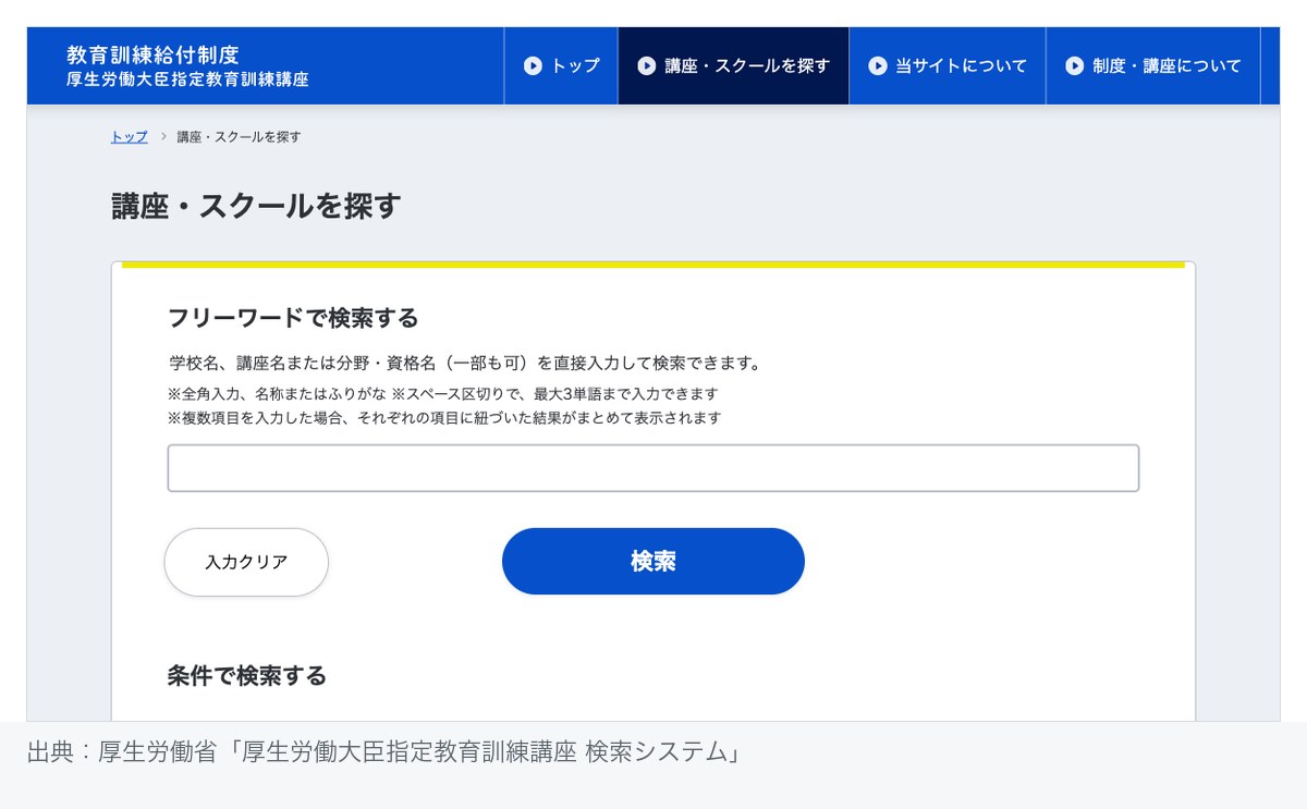 厚生労働大臣指定教育訓練講座 検索システムの「講座・スクールを探す」画面。「フリーワードで検索する」の入力欄に学校名・講座名または分野・資格名を一部だけでも入力して検索でき、その下に「条件で検索する」が続く