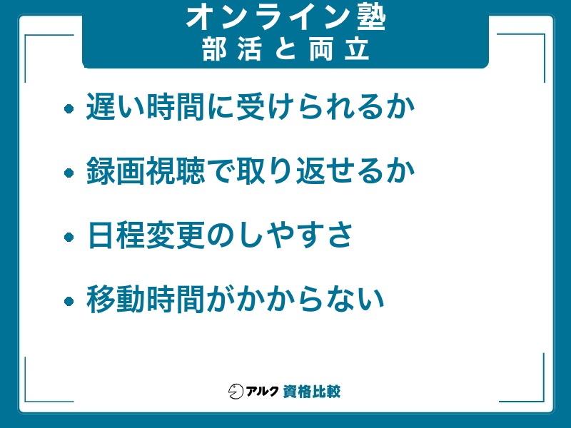 部活と両立できるかを受講時間帯・録画視聴・日程変更の観点で示した図
