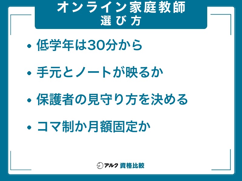オンライン家庭教師 小学生 選び方。低学年は30分から、手元とノートが映るか、保護者の見守り方を決める、コマ制か月額固定か