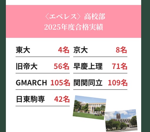 進研ゼミ高校講座のオンライン塾〈エベレス〉高校部の2025年度合格実績。東大4名・京大8名・旧帝大56名・早慶上理71名・GMARCH105名・関関同立109名・日東駒専42名と記載されている
