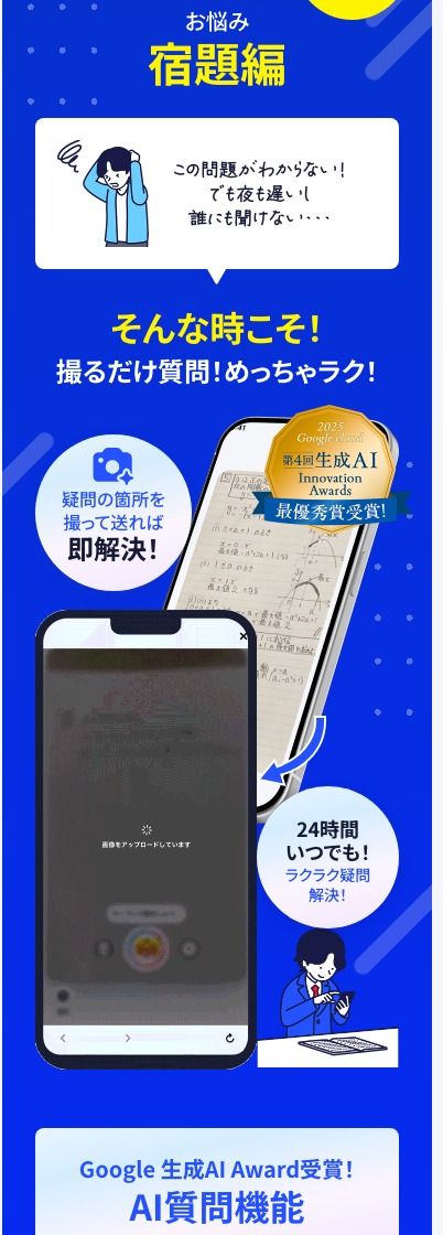 進研ゼミ高校講座 公式サイトの活用方法ページ。「撮るだけ質問!めっちゃラク!」として、疑問の箇所を撮って送ると24時間いつでも解決できるAI質問機能が、スマートフォンの撮影画面とともに紹介されている