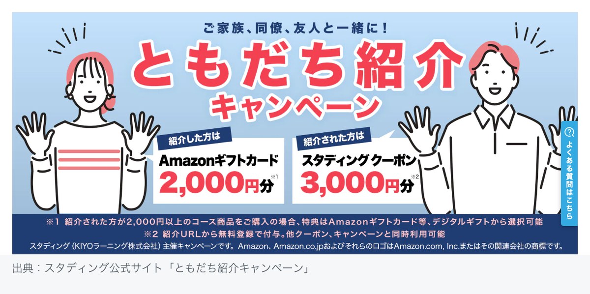 スタディングのともだち紹介キャンペーンの案内画面。紹介した方はAmazonギフトカード2,000円分、紹介された方はスタディングクーポン3,000円分と記載されている