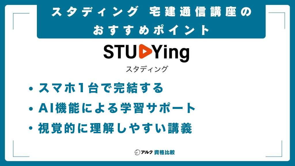 スタディング宅建士講座のおすすめポイント:スマホ1台で完結する・AI機能による学習サポート・視覚的に理解しやすい講義