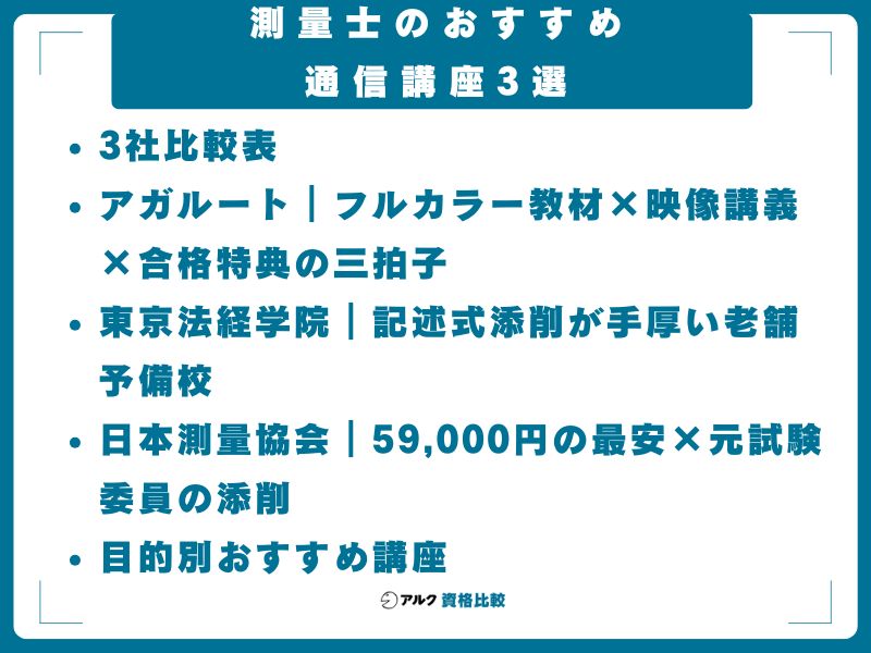 測量士のおすすめ通信講座3選──アガルート・東京法経学院・日本測量協会