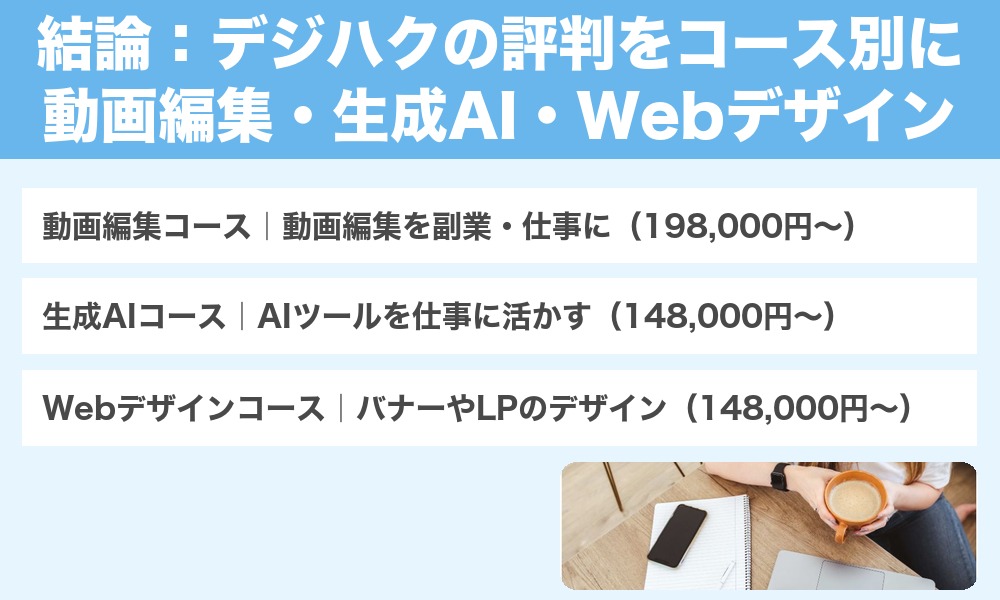 結論:デジハクの評判をコース別に。動画編集・生成AI・Webデザイン