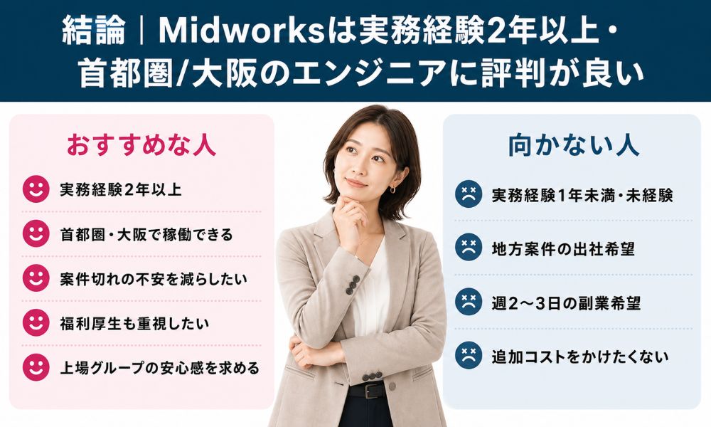 結論|Midworksは実務経験2年以上・首都圏/大阪のエンジニアに評判が良い