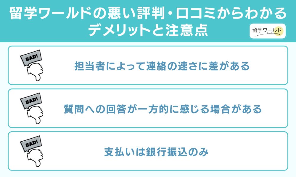 留学ワールドの悪い評判・口コミからわかるデメリットと注意点