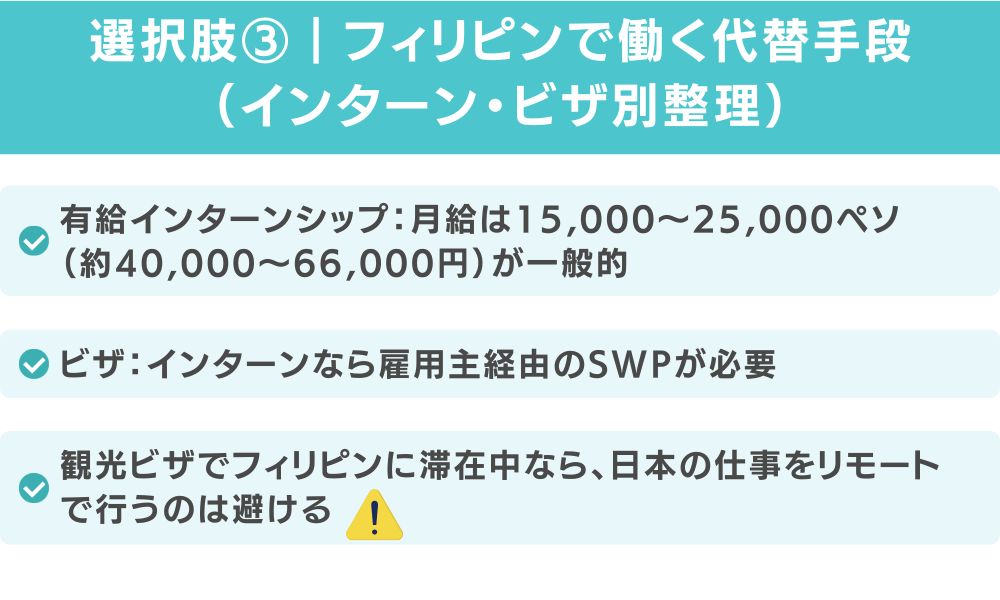 選択肢③｜フィリピンで働く代替手段（インターン・ビザ別整理）