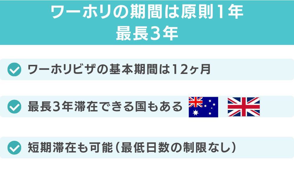結論｜ワーホリの期間は原則1年・最長3年（国による）